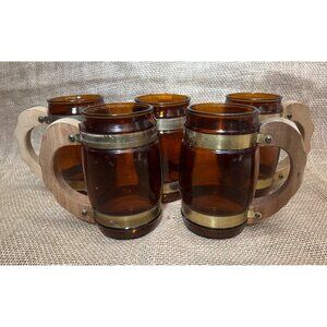 Vintage 1960s Siesta Ware Amber Glass Barrel Mugs Set Of 5 With Wooden Handles &